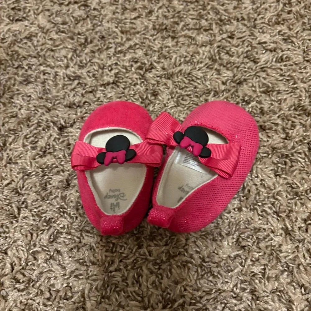 Disney Baby Minnie Ballet Slipper Flats 3-6 Months Sprakly Pink Slip On Elastic